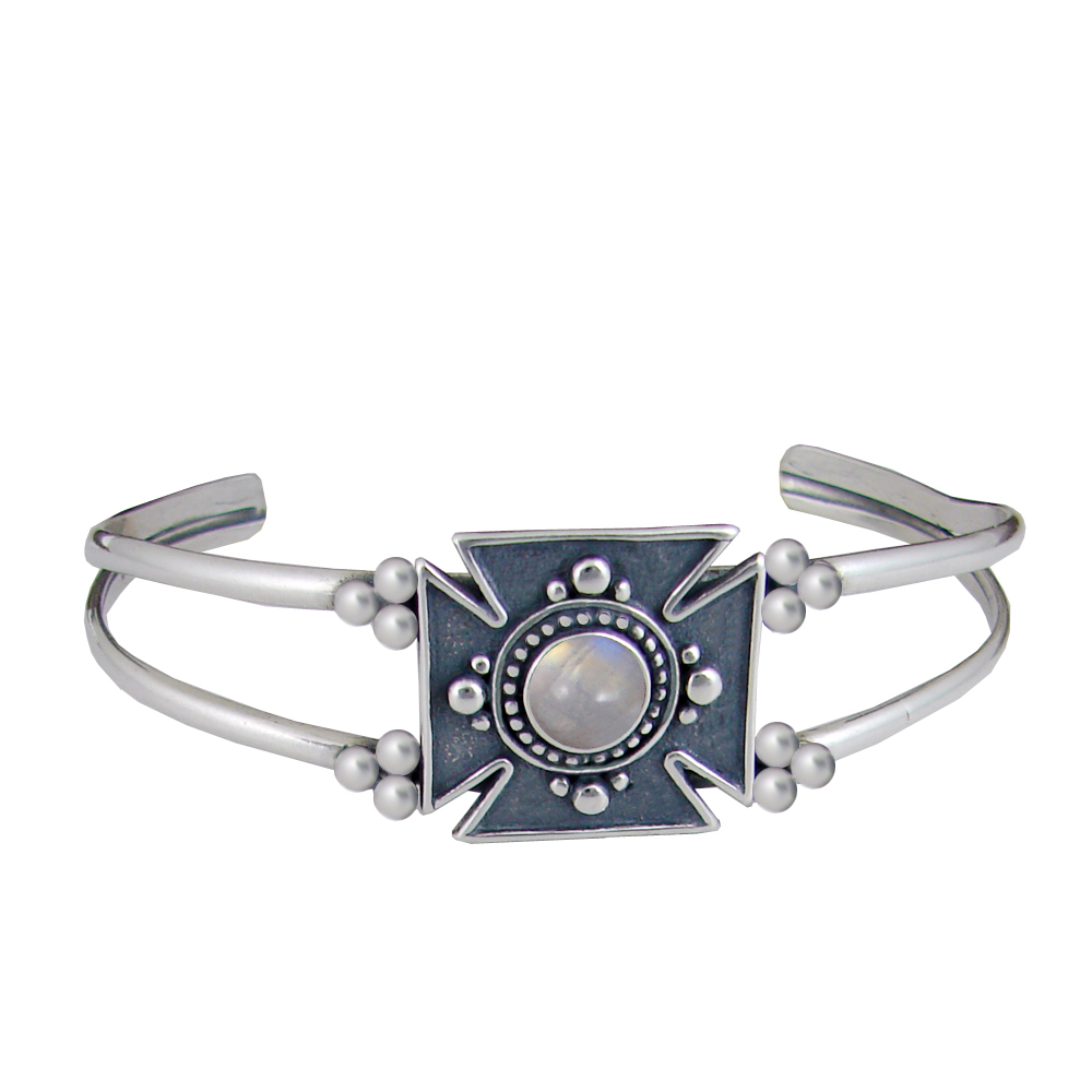 Sterling Silver Iron Cross Cuff Bracelet With Rainbow Moonstone